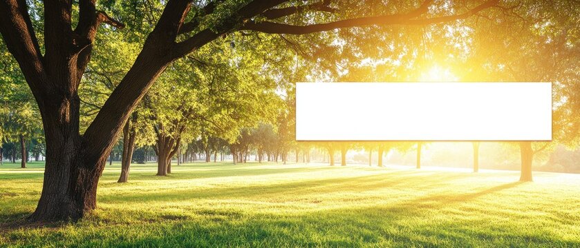 Tranquil sunrise park scene with blank sign lush green grass and sunlight filtering through trees