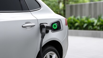 Fototapeta premium Close-up of a silver electric vehicle plugged into a charging port, symbolizing clean energy and sustainable transportation.