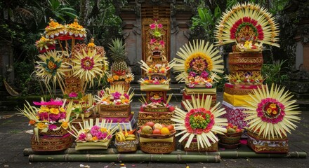 Fototapeta premium Balinese Offerings with Colorful Flowers