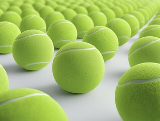 Background of multiple tennis balls arranged in neat overlapping rows