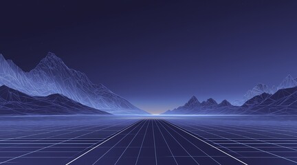 Futuristic digital landscape with glowing mountain shapes on a blue background