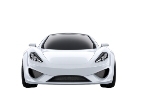 Front view of a modern white sports car showcasing its sleek and aerodynamic design, highlighting its contemporary automotive features.