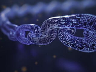 Blue digital chain with one broken glowing link on binary code background