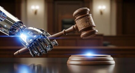 Digital Justice: An imposing mechanical arm, clutching a gavel, poised within a grand courthouse setting, illustrating the future of legal technology and artificial intelligence.