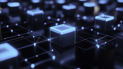 Digital rendering of multiple glowing blue blocks connected by black wires, representing AI model connections in data center architecture