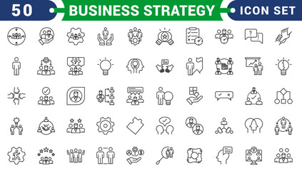 Business strategy set of web icons in line style. A collection of linear icon representing key business concepts, including market analysis, strategy, leadership, innovation, planning. Editable stroke