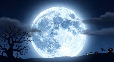 Halloween Moonlit Spectacle: A captivating image featuring the full moon, under an eerie twilight sky, and haunted houses adding to the spooky atmosphere. Spooky pumpkins.