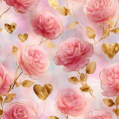 Romantic floral design background featuring soft pink watercolor roses with golden leaves and metallic hearts, for weddings, Valentine’s celebrations, love-themed stationery
