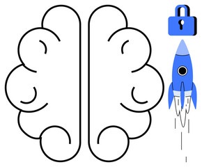 Minimalist brain with rocket and lock symbolizing innovation, intellectual progress, and protection. Ideal for creativity, technology, growth, knowledge protection, security, brainstorming simple