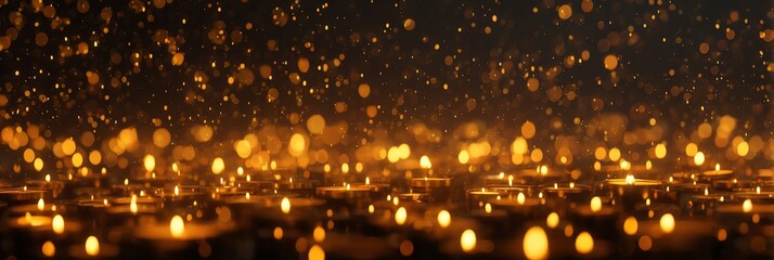 Panoramic glowing candlelight background with golden bokeh sparkles, creating warm, atmospheric overlay for spiritual, festive, romantic or commemorative design projects