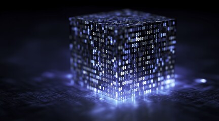 Abstract blue glowing digital cube with binary code background