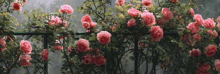 Fototapeta premium Aesthetic Appeal of Climbig Roses Gracefully Ascendig a Garden Trellis Amidst erdant Foliage and Bloomin Splendor