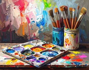 Fototapeta premium Colorful Paintbrushes and Palette on Artist's Table