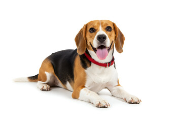 Portrait of a happy and alert dog with distinctive tri-color coat lying down, capturing the joy and innocence of a beloved pet with a red collar.