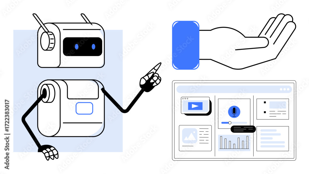 Poster robot pointing at an analytical dashboard with charts, videos, and icons representing data and media
