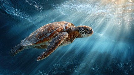 Fototapeta premium A Sea Turtle Swimming Gracefully in Sunlit Seas