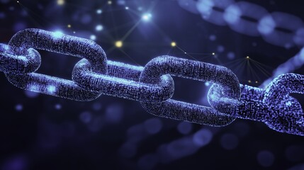 Blue digital chain with one broken glowing link on binary code background