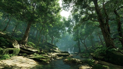 Obraz premium Awesome photo of sunlight filters through trees in a lush forest with a small waterfall.