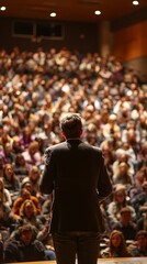 Awesome photo of speaker addressing a large audience in an auditorium from behind.