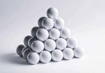 High-resolution photograph of white golf balls arranged in a pyramid on a white background