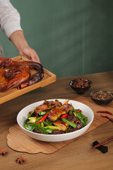 Gourmet Air-Dried Duck with Vegetables Asian Cuisine Chef Preparation Traditional Cooking