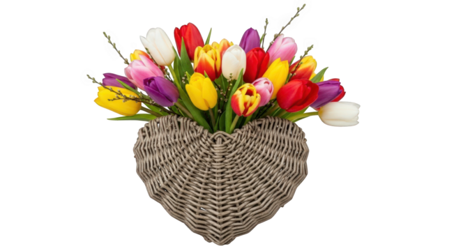 Tulip Bouquet in Heart Shaped Basket Isolated Against Transparent Backdrop A Colorful Arrangement of Spring Flowers for Floral Designs and Decorative Projects - Powered by Adobe
