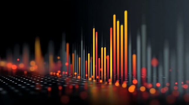 Awesome photo of abstract data visualization with colorful bars and bokeh lights on dark.