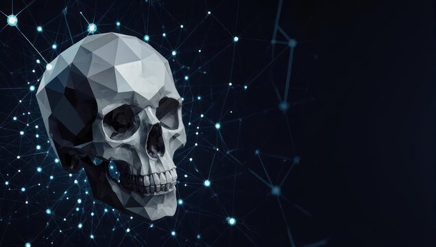 Striking polygonal skull emerges from a luminous digital network, symbolizing data, science, and mystery in a modern abstract concept. - Powered by Adobe