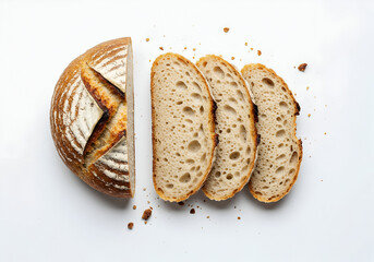 Slices of freshly baked sourdough bread with a golden-brown crust, revealing a porous interior, perfect for sandwiches or toast on a clean white surface.