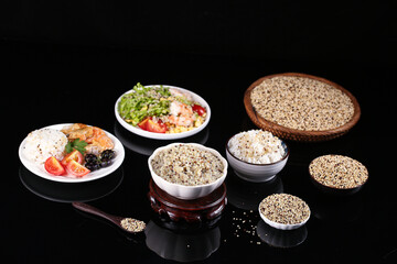 Quinoa Grains and Healthy Meals Collection on Black Background