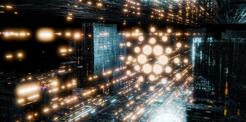 Fototapeta premium Glowing crypto icon in a futuristic digital city Abstract 3D render of blockchain technology finance and data network concept