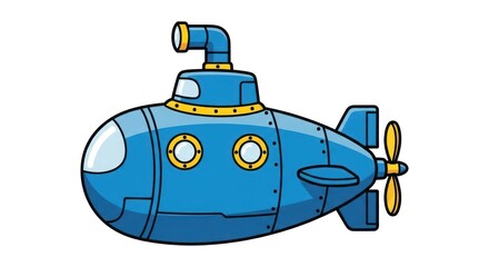 Cartoon submarine illustration, blue color, underwater vehicle.