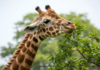 Obraz premium Majestic giraffe gracefully nibbles on lush green leaves, a serene portrait of wildlife amidst nature's verdant embrace, showcasing the gentle giant's dietary habits