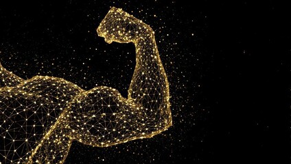 Dynamic golden wireframe flexing bicep represents powerful digital transformation and technological innovation against a starry black background