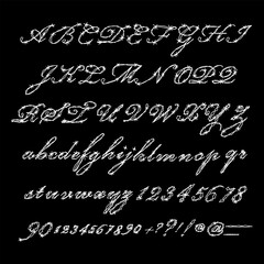 Stylized calligraphy alphabet made of barbed wire design. The image features uppercase and lowercase letters, numbers, and punctuation crafted to resemble twisted metal wire, giving an edgy, and punk.