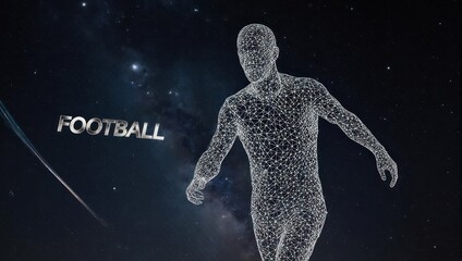 Futuristic digital human form with 'FOOTBALL' text glowing against a cosmic starry background, symbolizing the evolution of sports and technology