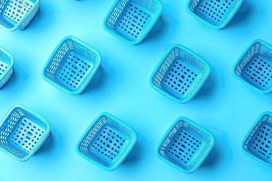 Light-blue square plastic baskets arranged in a grid pattern on a light-blue surface