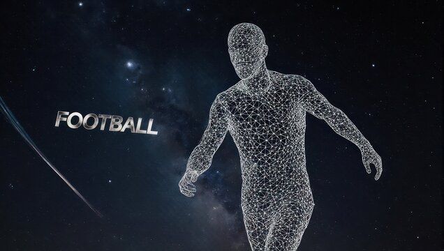 Futuristic digital human form with 'FOOTBALL' text glowing against a cosmic starry background, symbolizing the evolution of sports and technology
