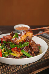 Hand-Torn Smoked Duck Chinese Delicacy with Scallions and Peppers Traditional Asian Cuisine