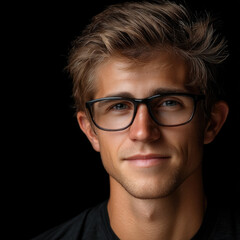 Fototapeta premium Attractive male with black eyeglasses, tousled brown hair, confident smile, casual style, studio portrait, dark background
