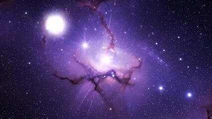 A vibrant purple nebula with stars and a bright white light in deep space. - Powered by Adobe