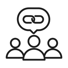 Simple black and white icon depicting people and a connected symbol