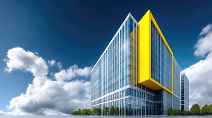 Modern Yellow and Glass Building Under a Partly Cloudy Sky Exterior Architecture