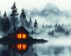Obraz premium A cozy log cabin nestled on a misty lake shore, surrounded by towering pines and majestic mountains