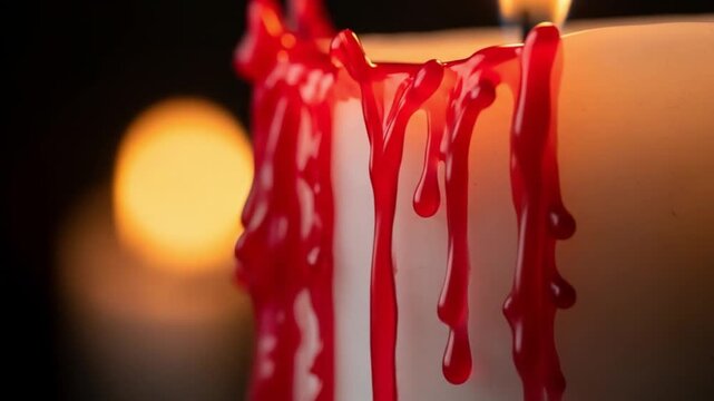 A lit candle is covered in drips of bright red wax resembling blood set against a dark backdrop with another candle slightly out of focus in the distance