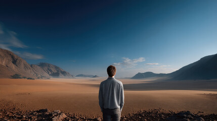 Man standing desert landscape mountain sand blue sky solitude adventure inspiration