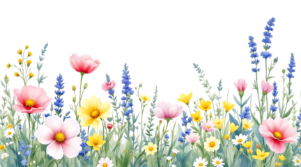 Watercolor Wildflower Field Border - Isolated on transparent background
