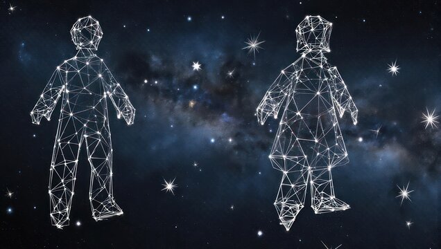Abstract human outlines connected by light points and lines drift through a starry nebula, representing digital connection and cosmic exploration - Powered by Adobe