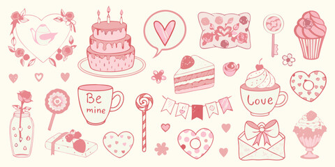Sweet valentine s day doodles featuring cakes hearts flowers and romantic messages in pink