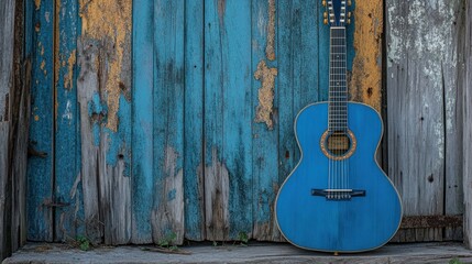 Naklejka premium Blue acoustic guitar against weathered wood background